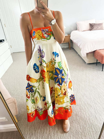 New Floral Print Linen A-Line Dress