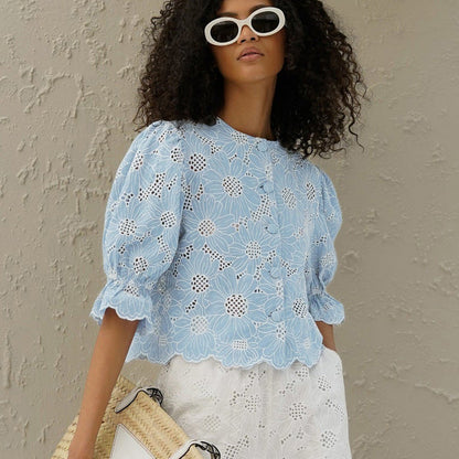Embroidered Crop Top With Flared Sleeves