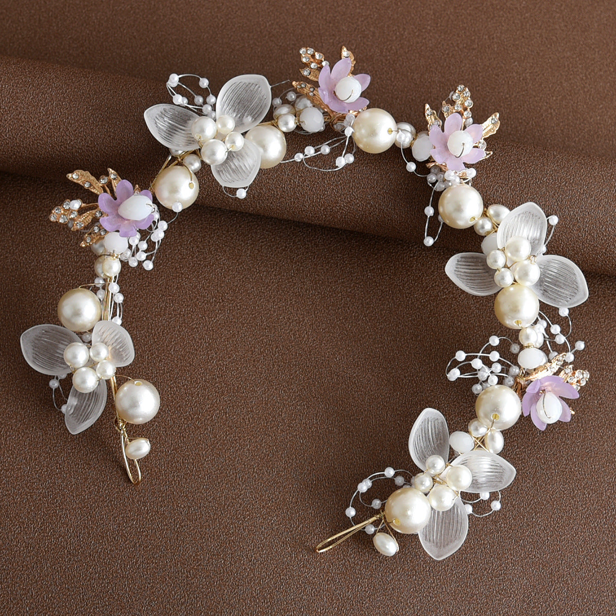 Bridal Pearl Flower Headband with Gold Leaf Accents