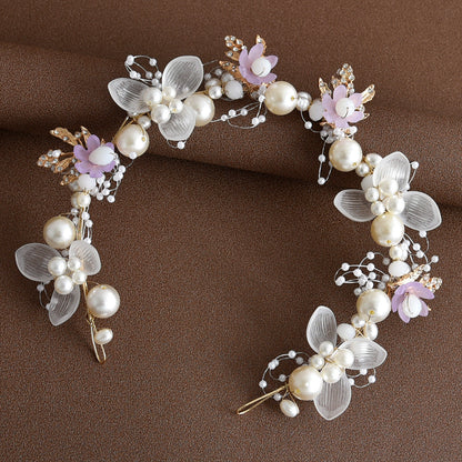 Bridal Pearl Flower Headband with Gold Leaf Accents