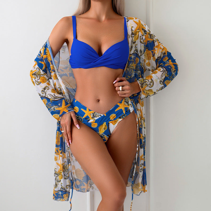Three-Piece Women'S Bikini Set With Long Sleeve Cover-Up