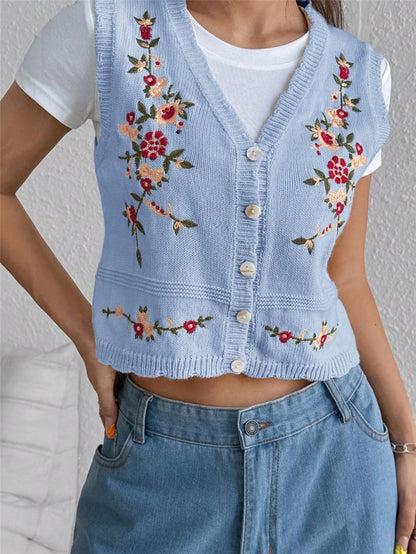 Floral Embroidery V-Neck Knit Sweater Vest