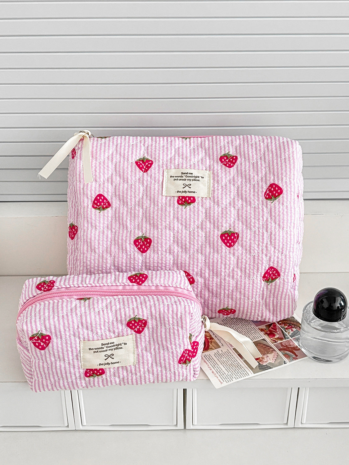 Strawberry Striped Pink Makeup Bag Quilted Large Capacity Portable Cosmetic Case
