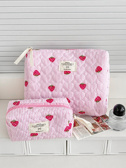 Strawberry Striped Pink Makeup Bag Quilted Large Capacity Portable Cosmetic Case