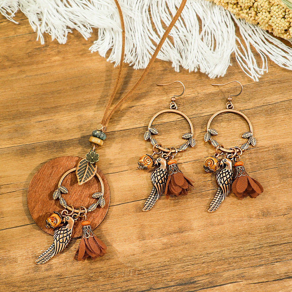 Bohemian Dreamcatcher Tassel Earrings and Wooden Necklace Set