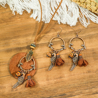 Bohemian Dreamcatcher Tassel Earrings and Wooden Necklace Set