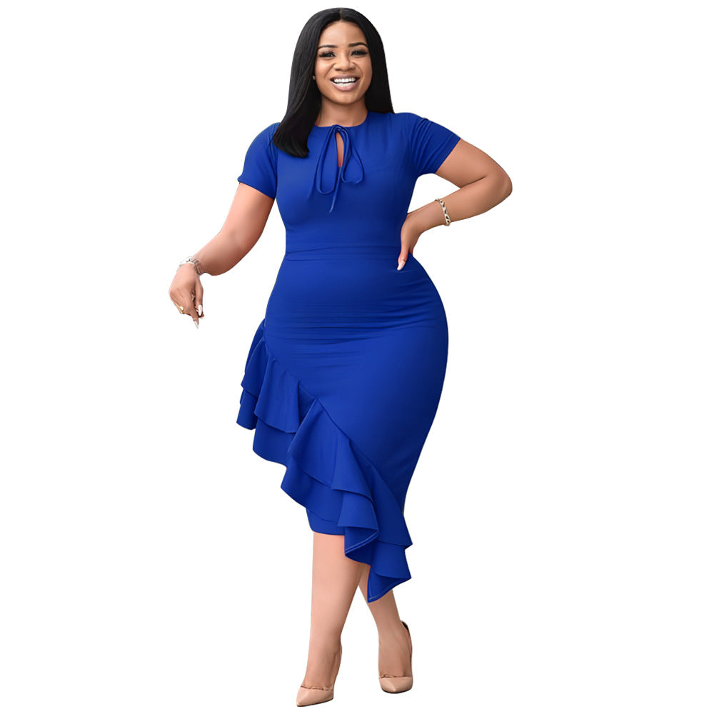 Trendy Plus Size Casual Dress With Ruffle Hem And Tie