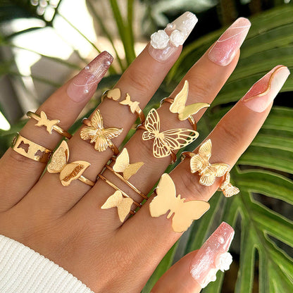 Trendy Leaf Heart Rings Geometric Pearl Joint Stacking Ring Set