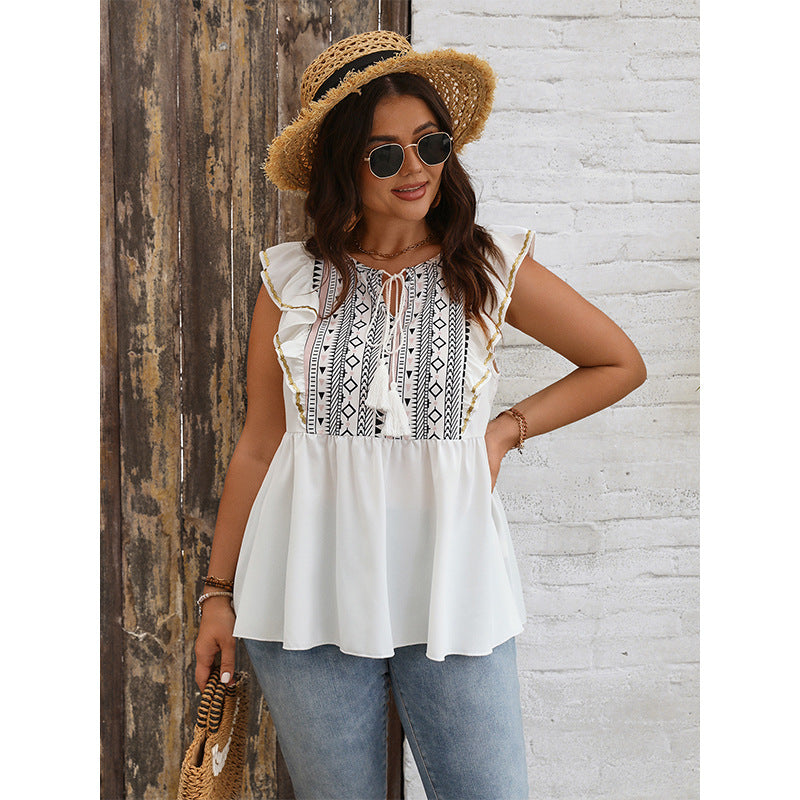 Loose-Fit Ruffled Hem Top Polyester Casual Shirt