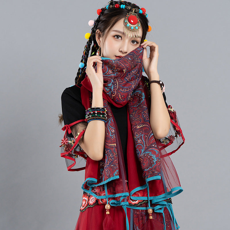 Original Spring And Summer New Ethnic Style Vintage Print, Mesh Tassel Versatile Scarf, Multifunctional Shawl