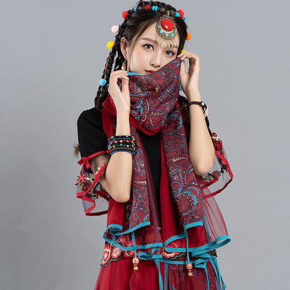 Original Spring And Summer New Ethnic Style Vintage Print, Mesh Tassel Versatile Scarf, Multifunctional Shawl