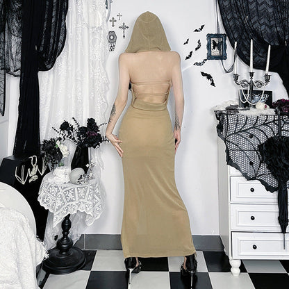 Dark Aesthetic High Slit Hooded Dress for Bold Women