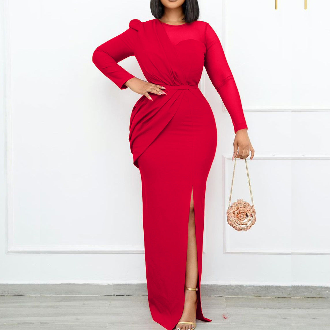 Elegant Red Mesh Panel Maxi Dress