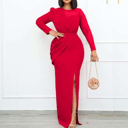 Elegant Red Mesh Panel Maxi Dress