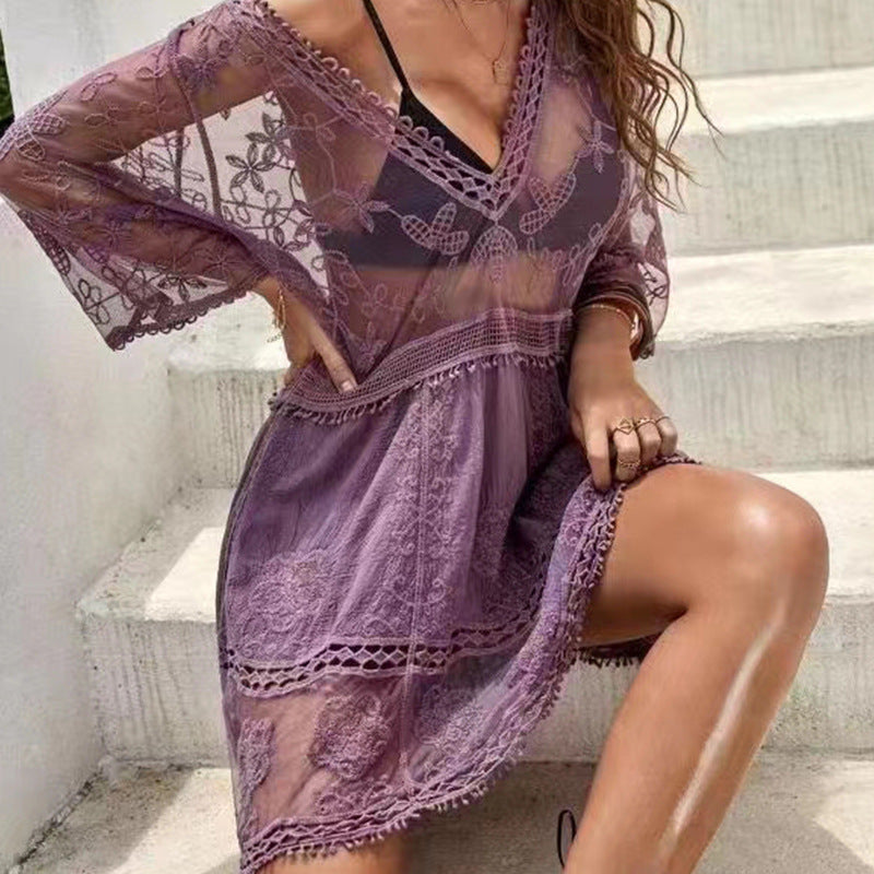 Solid Color Beach Bikini Sexy Lace Beach Skirt With Sun Protection Cover