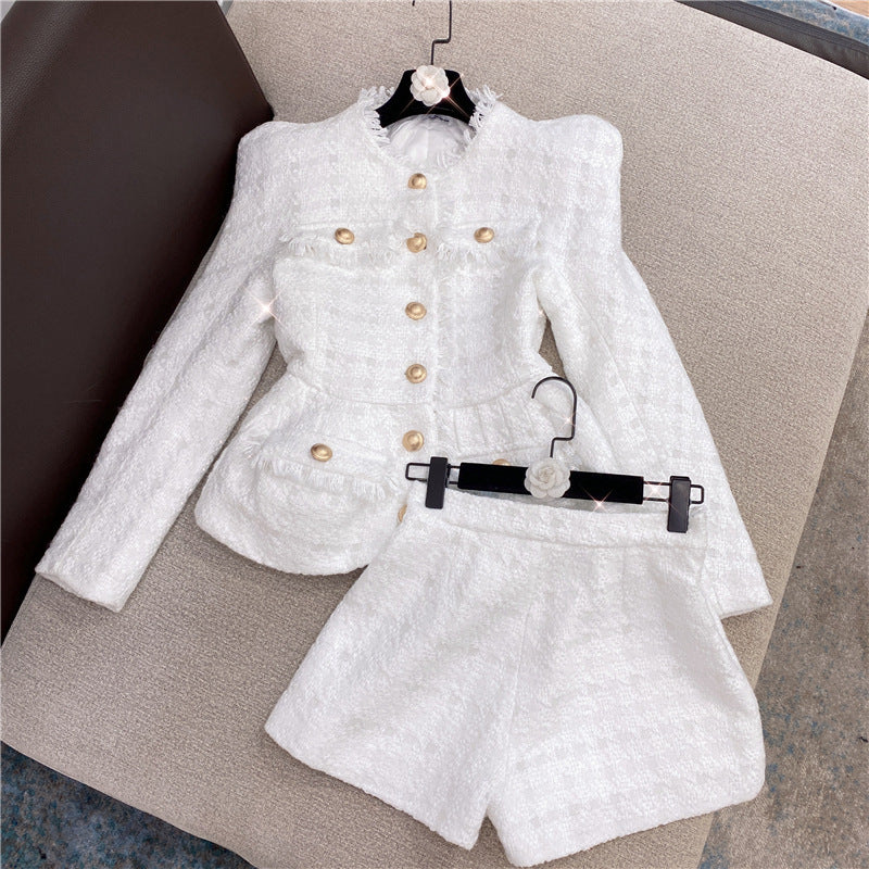 Pattern White Tweed Jacket & Shorts Set