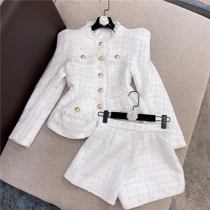Pattern White Tweed Jacket & Shorts Set