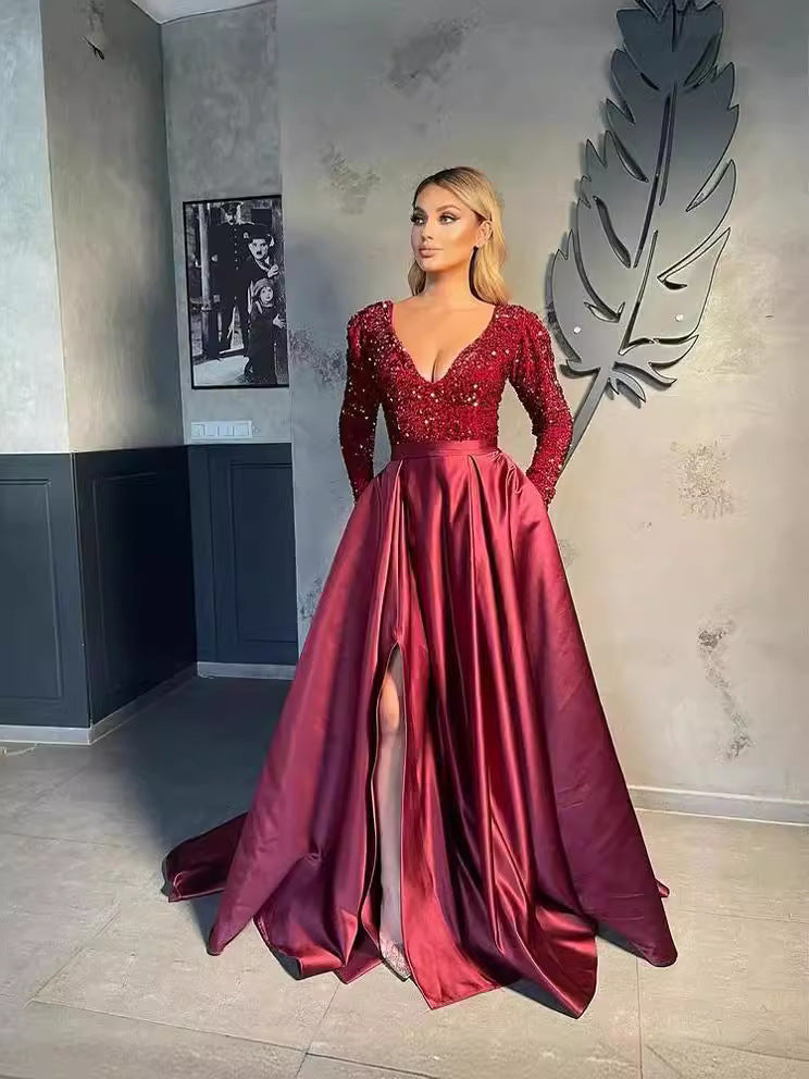 Sequin V-Neck Flared Long Dress With Side Slit