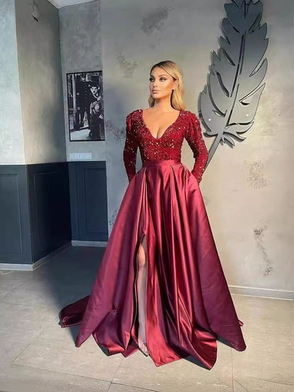 Sequin V-Neck Flared Long Dress With Side Slit