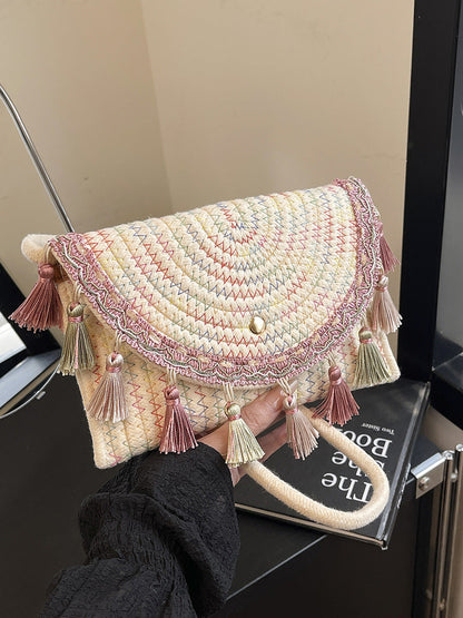 Bohemian Style Fringe Straw Crossbody Bag