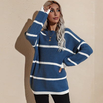 Loose Round Neck Striped Pullover Knitted Sweater