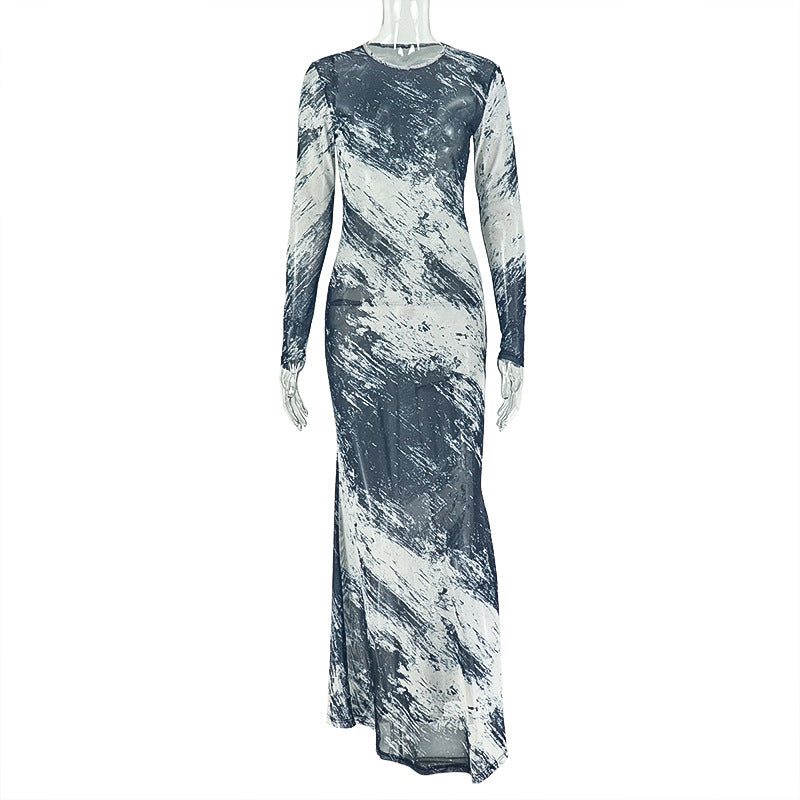 Trendy Abstract Print Bodycon Dress With Long Sleeves