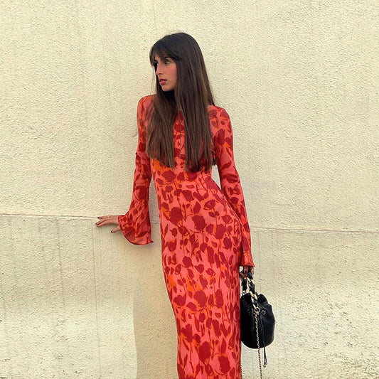 Elegant Floral Print A-Line Dress Comfortable Polyester Long Dress