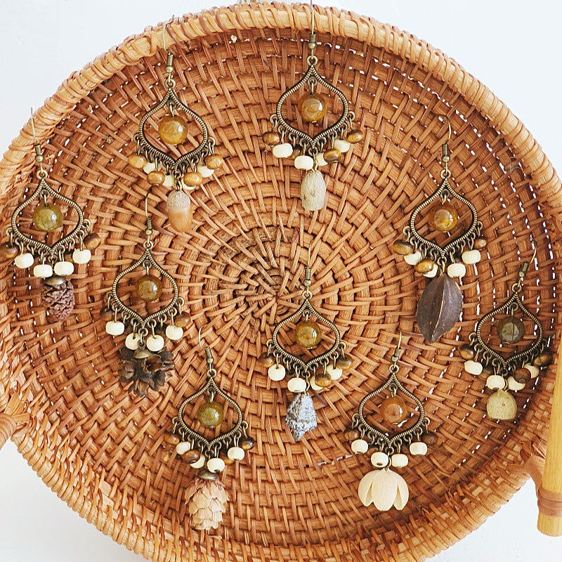 Bohemian Geometric Tassel Earrings with Agate Beads