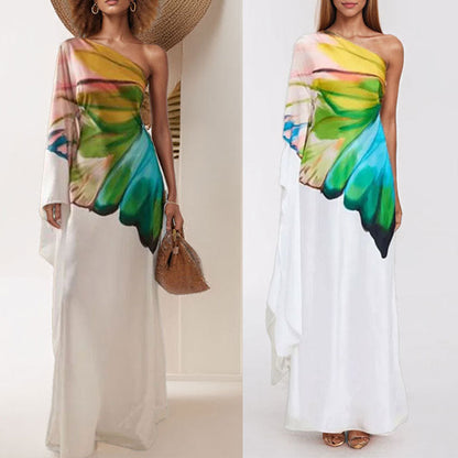 Elegant Floral Print One-Shoulder Maxi Dress