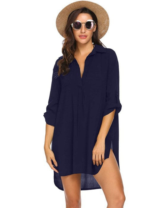 Women'S Deep V Neckline Fashion Beach Sunscreen Swimsuit Shirt Dress