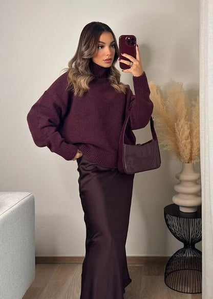 Plush Knit Turtleneck Sweater Burgundy Cozy Style