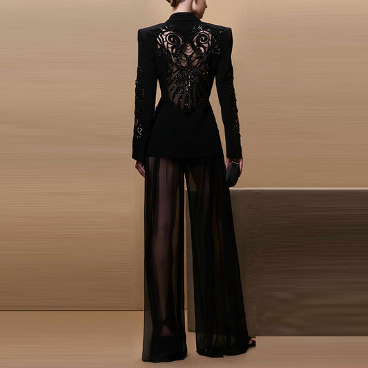Fashionable Sheer Overlay Embellished Blazer & Chiffon Trousers Set