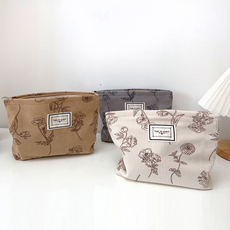 Floral Corduroy Makeup Bag Compact Storage Pouch