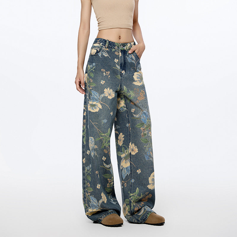 Flower Printed High Rise Wide Leg Baggy Jeans