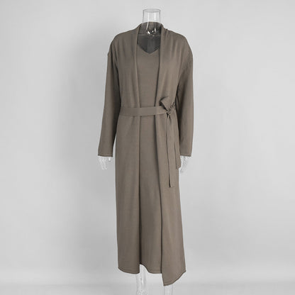 Knitted Long Sleeve Cardigan And Cami Dress Set Soft Casual Outfit