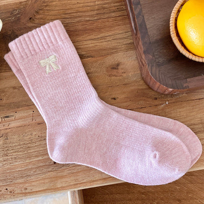 Bow Embroidery Solid Color Cotton Crew Socks