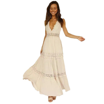 Fashionable Lace Midi Dress With V-Neck For Elegant Casual Wear