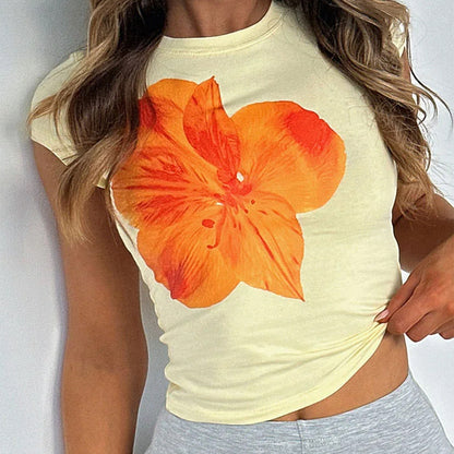 Floral Print Fitted T-Shirt Casual Short Sleeve Top