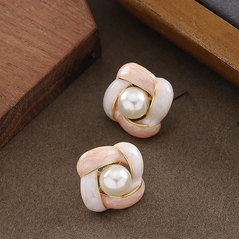 Elegant French Enamel Drip Glaze Floral Pearl Stud Earrings