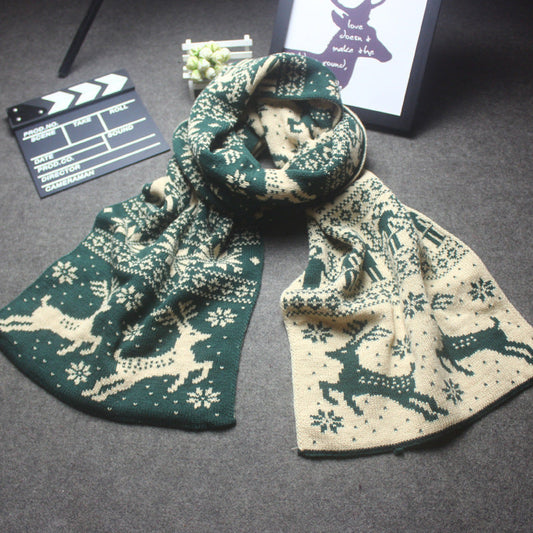 Autumn And Winter Christmas Snowflake Fawn Elk Knitted Scarf Thickened Double-Sided Couple Scarves For Men And Women