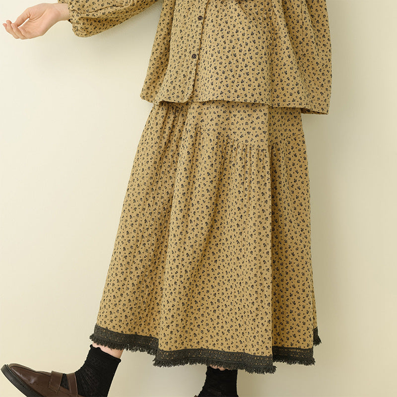 Artistic Vintage Floral Contrast Hem Skirt Casual Loose Set