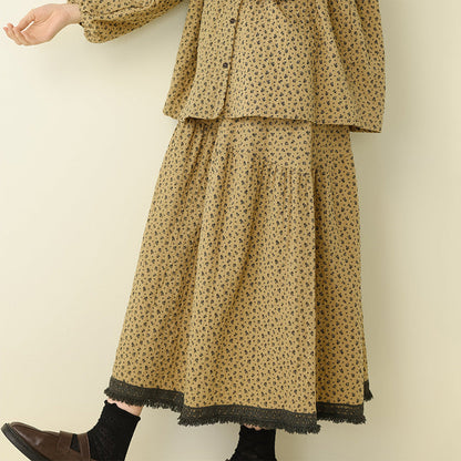 Artistic Vintage Floral Contrast Hem Skirt Casual Loose Set