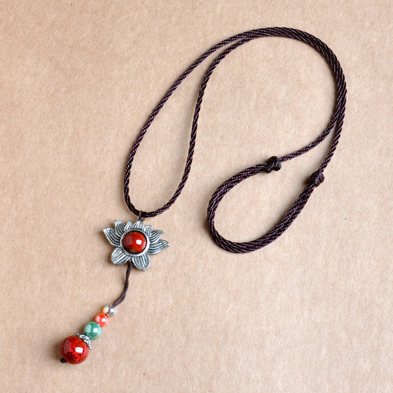 Retro Lotus Pendant Vermilion Decoration Necklace Simple Accessories Pendant Clothes Pendant National Style Sweater Chain
