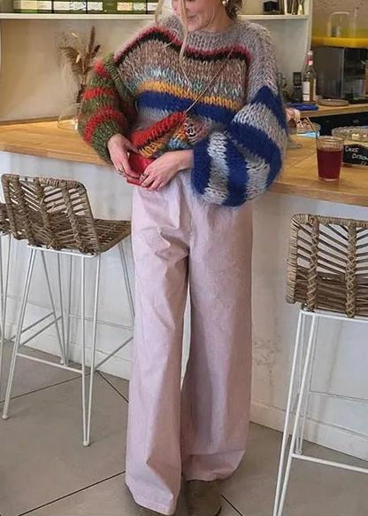 Oversized Lightweight Knit Sweater With Multicolor Stripes