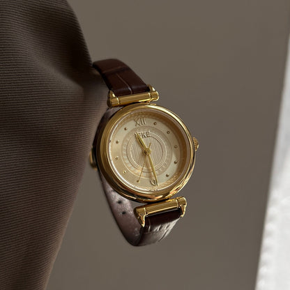 Trendy Round Dial Leather Strap Quartz Watch