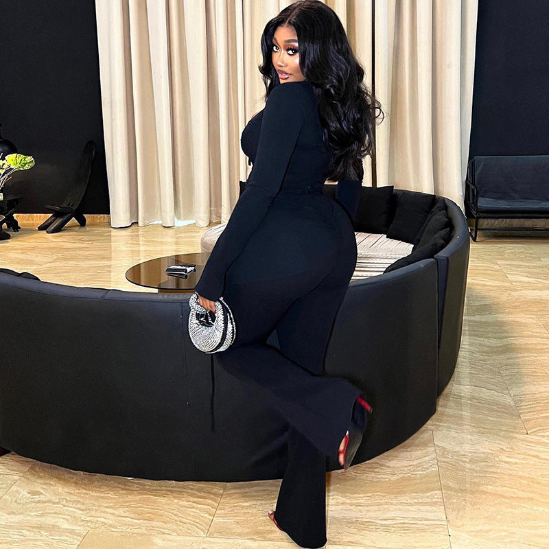 Casual Color Block Two-Piece Set With Mesh Long Sleeve Top And Pants