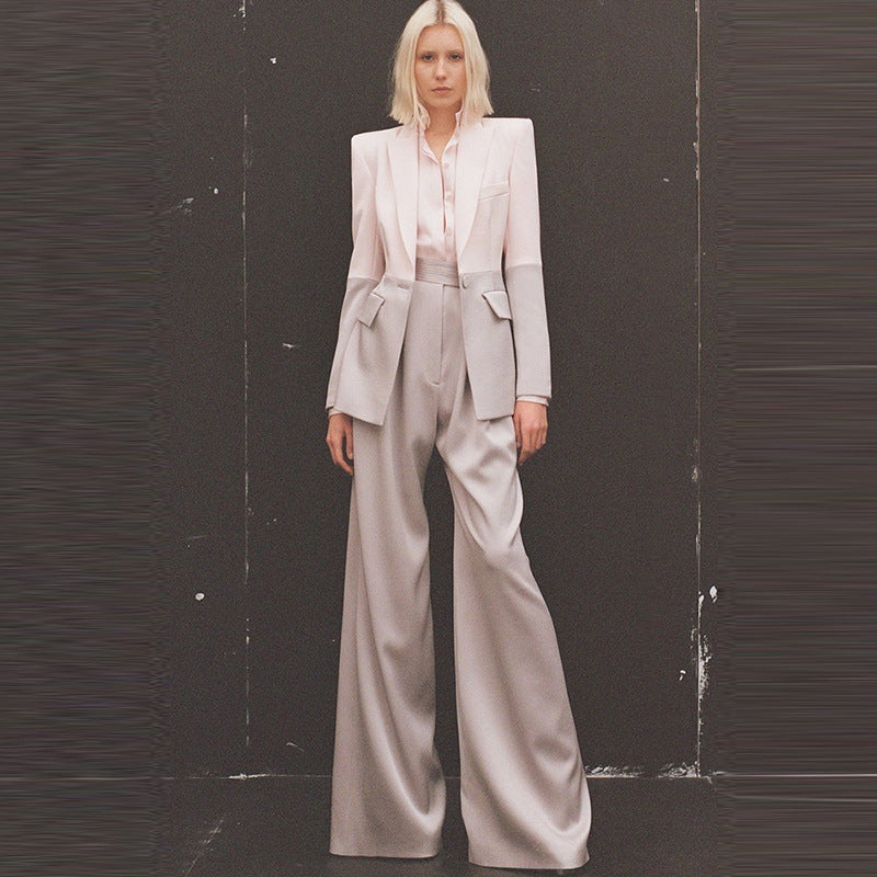 Color Block Blazer And Flare Pants Set