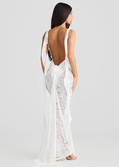 Sheer Lace Backless Maxi Dress White