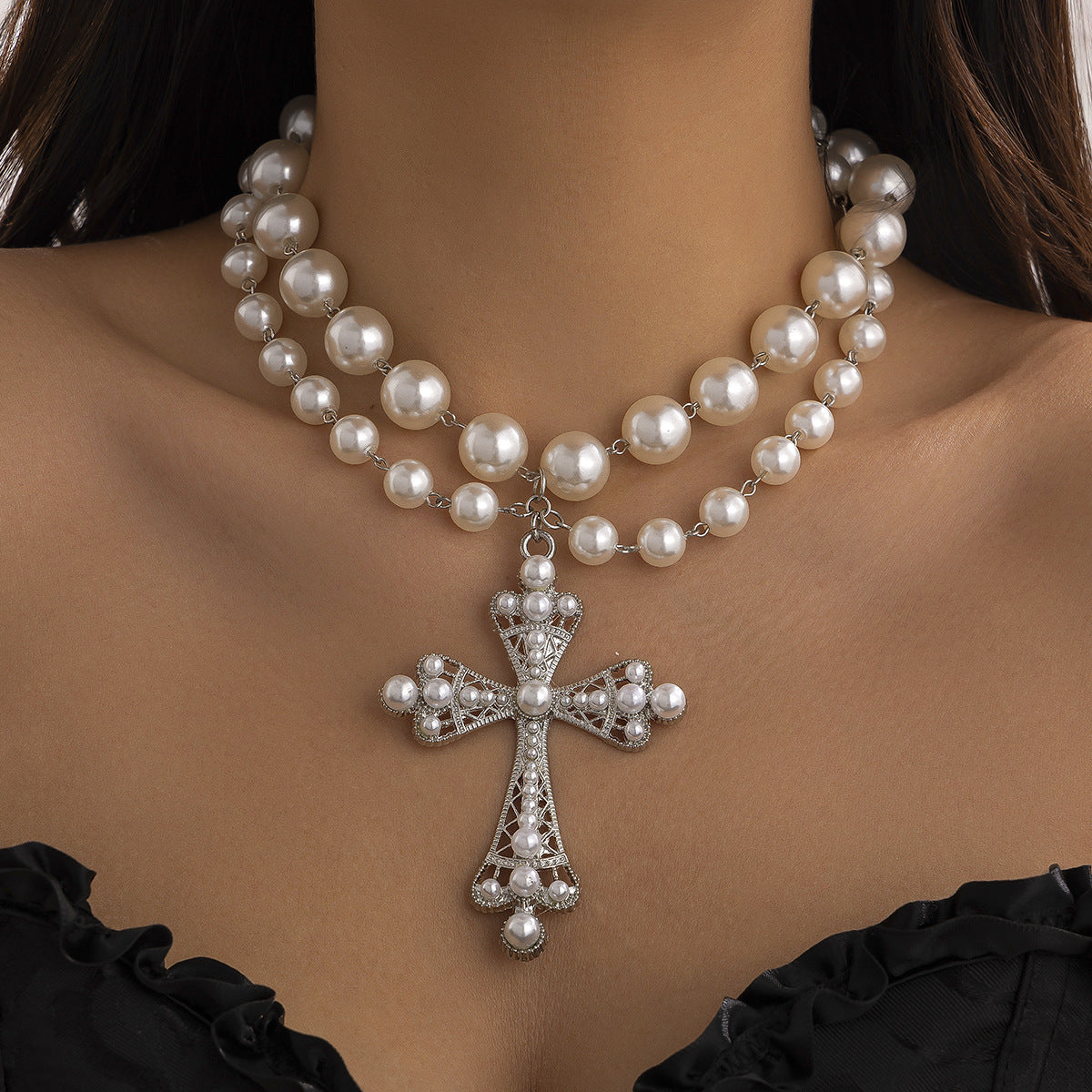 Cyberpunk Style Cross Necklace With Layered Design