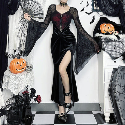 Halloween Elegant Sexy Split Velvet Dress with Bell Sleeves
